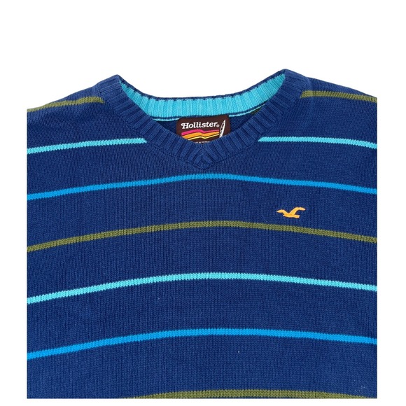 Hollister Sweater Mens V Neck Striped Knit Pullover Blue Casual - Picture 1 of 7